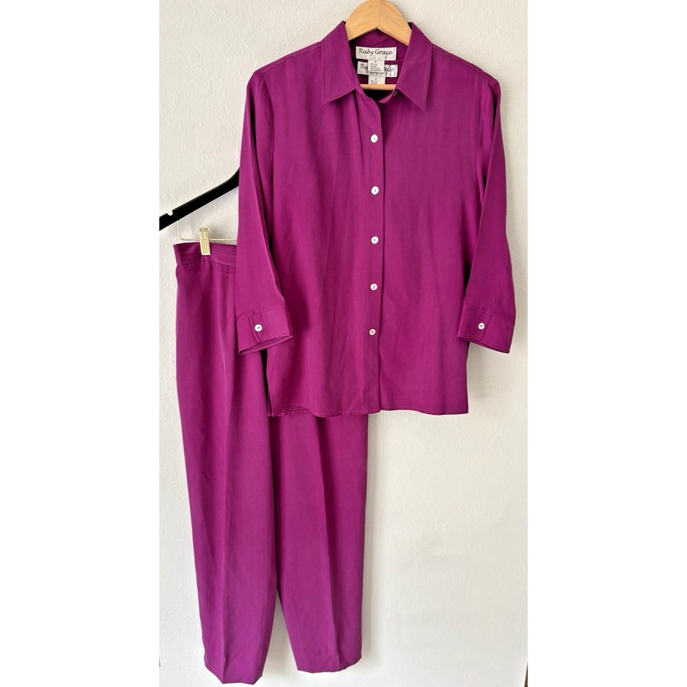 100% Silk 3 Piece Set Magenta Purple Blouse Tank M Old Money Quiet Luxury Luxe